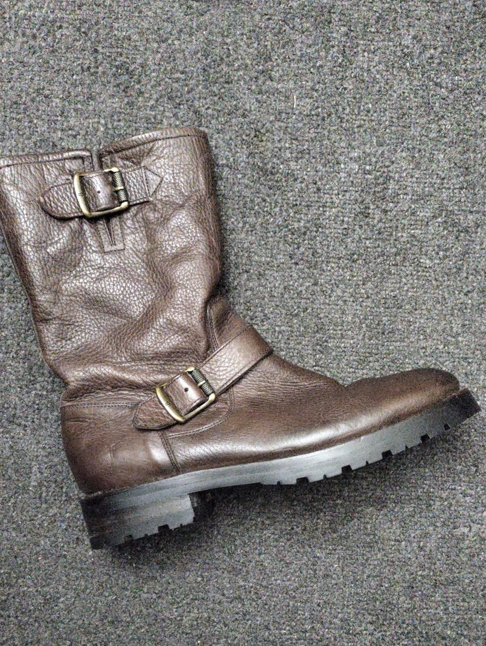 Frye Dark Brown Leather Buckle Lug Boots